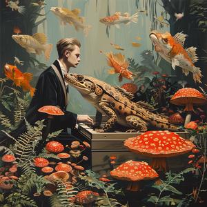 chromolithography  painting  bench  fish  mushrooms  detail  colorful  man  nature  art 1049983