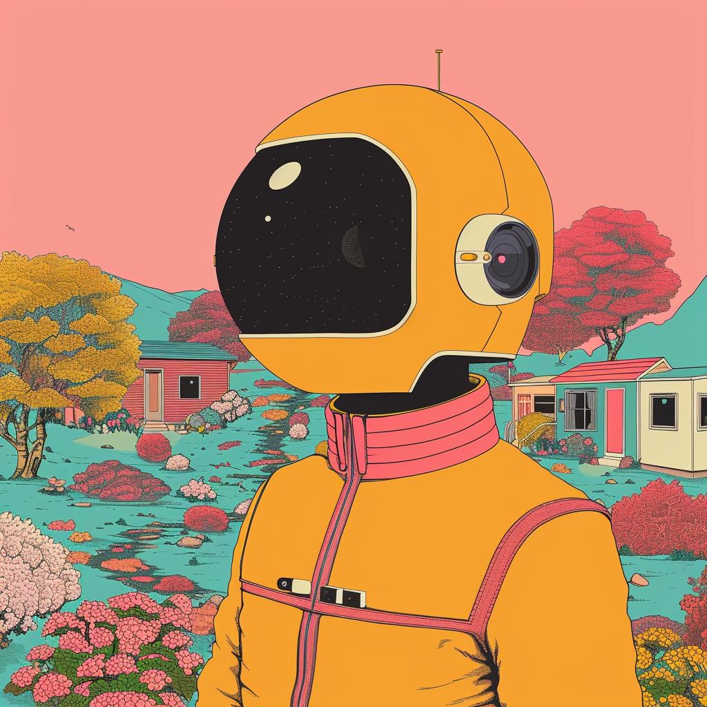 surreal  album  cover  man  orange  suit  helmet  illustration  creative  whimsical 977565