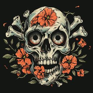 تصميم وشم جمجمة، أزهار، خشخاش، عظمتان متقاطعتان، رسم توضيحي داكن، عمل فني رمزي رقم 1065742