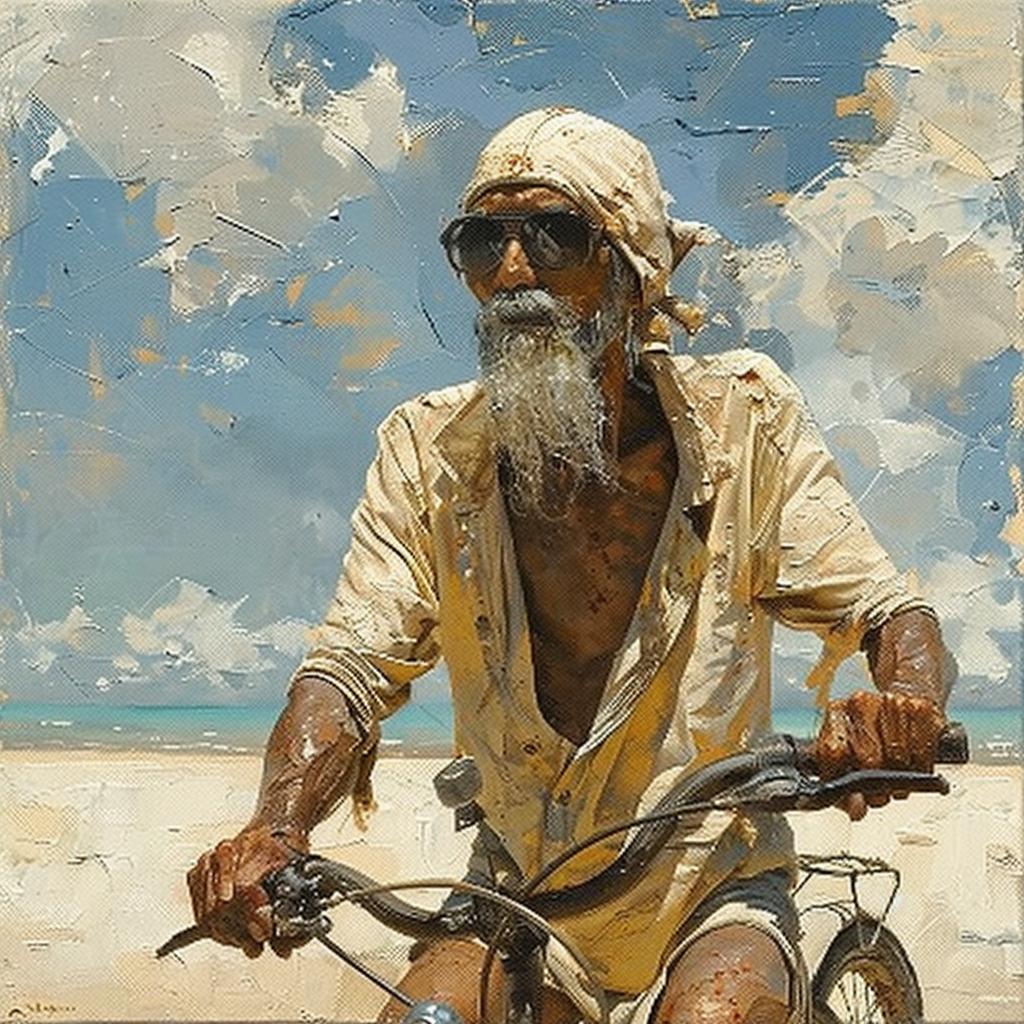 رجل يرسم دراجة هوائية على الشاطئ، شخصية حضرية ترفيهية، أسلوب رجعي نابض بالحياة 970493