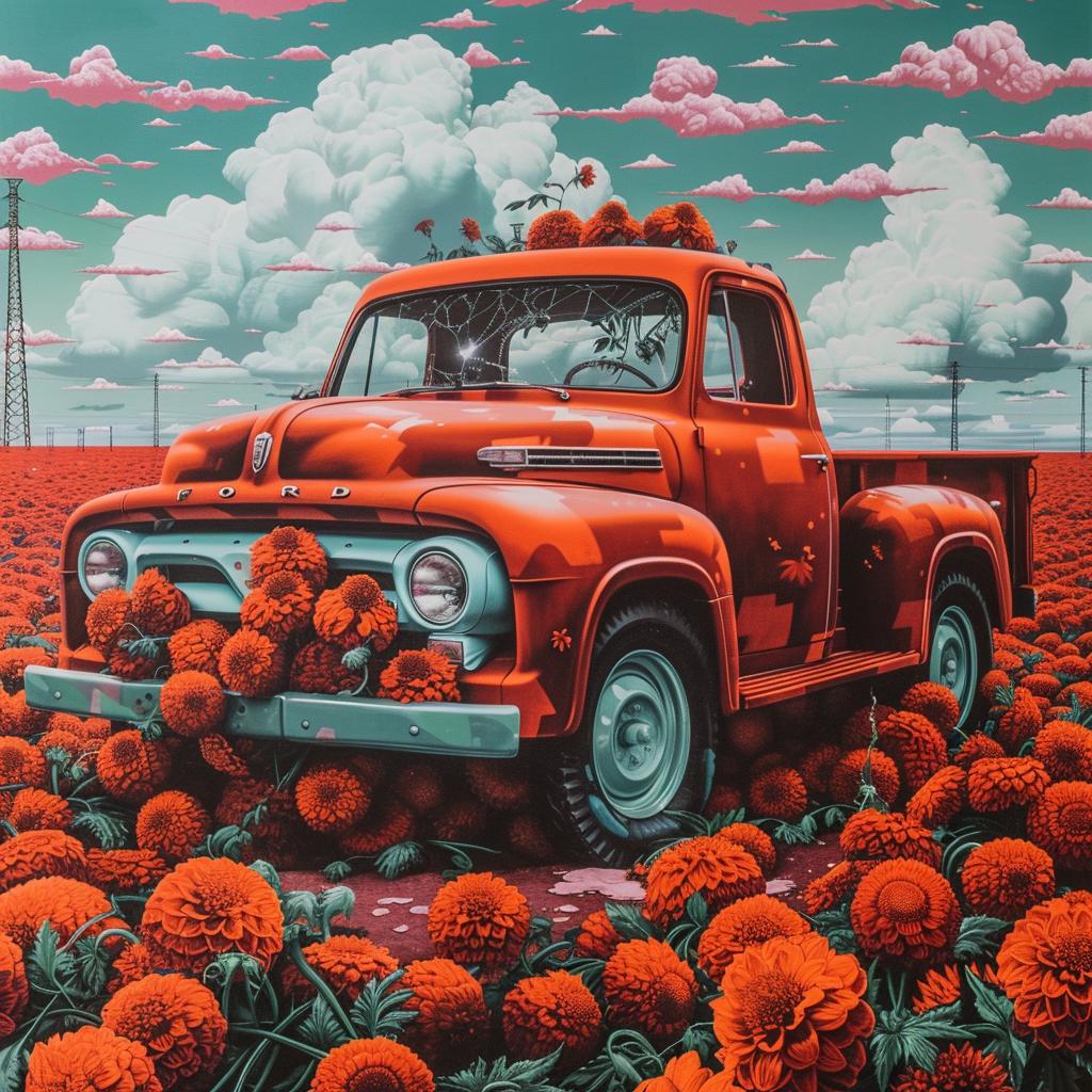 collage  marigolds  pickup  wheat  sunflowers  field  bioluminescent  rusted  Robert Rauschenberg  art 1016809