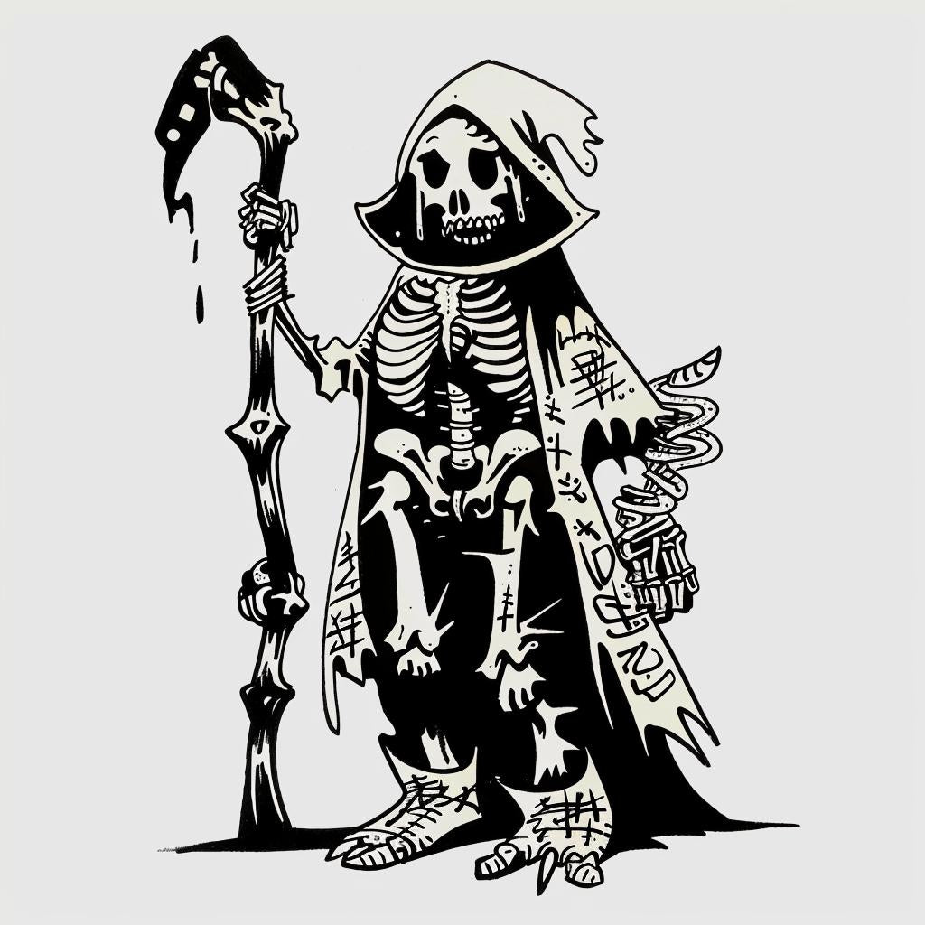 Grim  Reaper  skeleton  scythe  blue  black  drawing  dark  mood  sketch 1028319