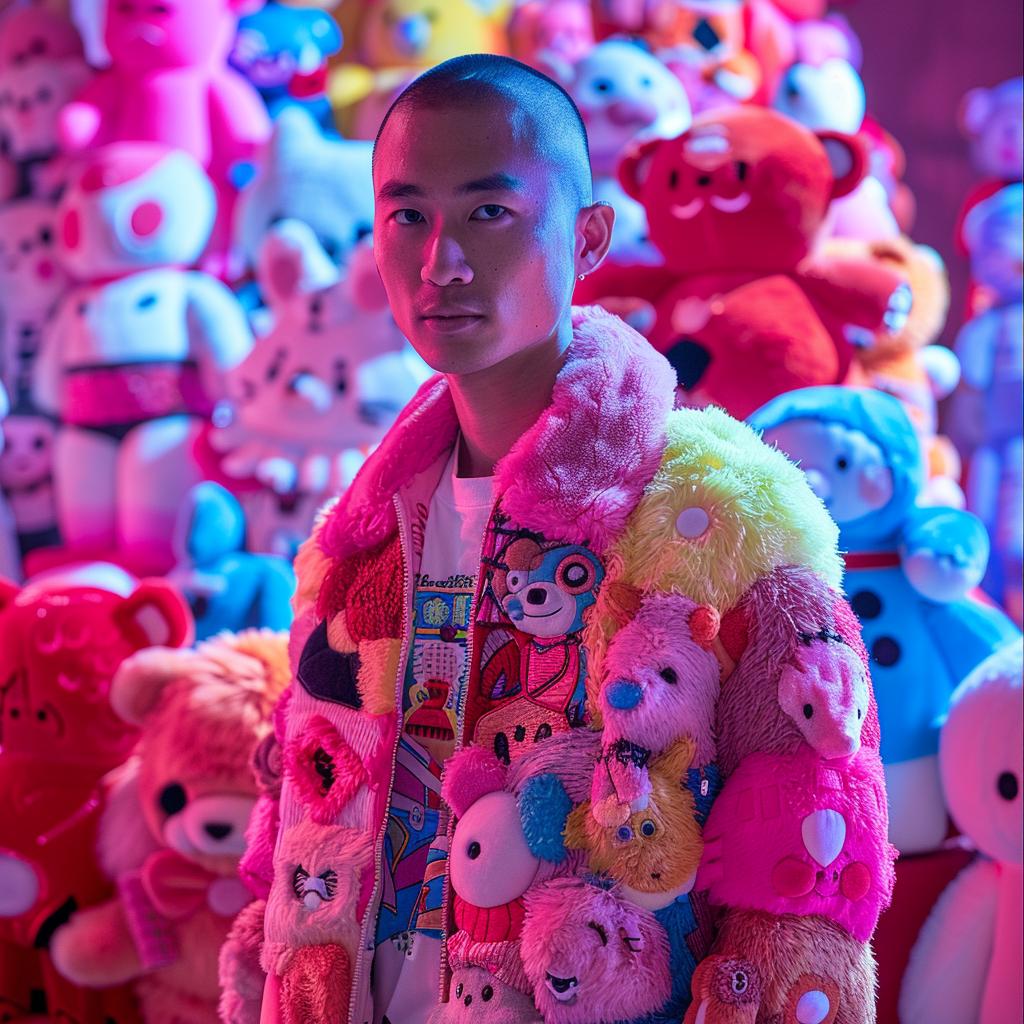 man  stuffed  animals  jacket  colorful  playful  fashion  whimsical  quirky  vibrant 967633