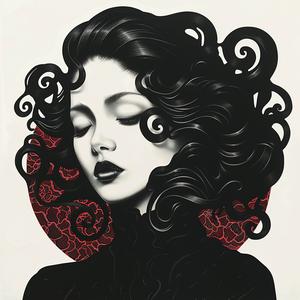 woman  long  hair  red  Risograph  symbolist  hyper-realistic  art  creative  design 1077677