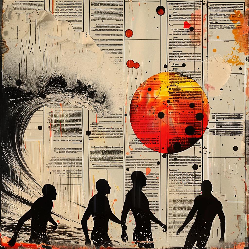 collage  silhouettes  surfers  beach  photographic  vibrant  wave  Rodchenko  color  art 952196