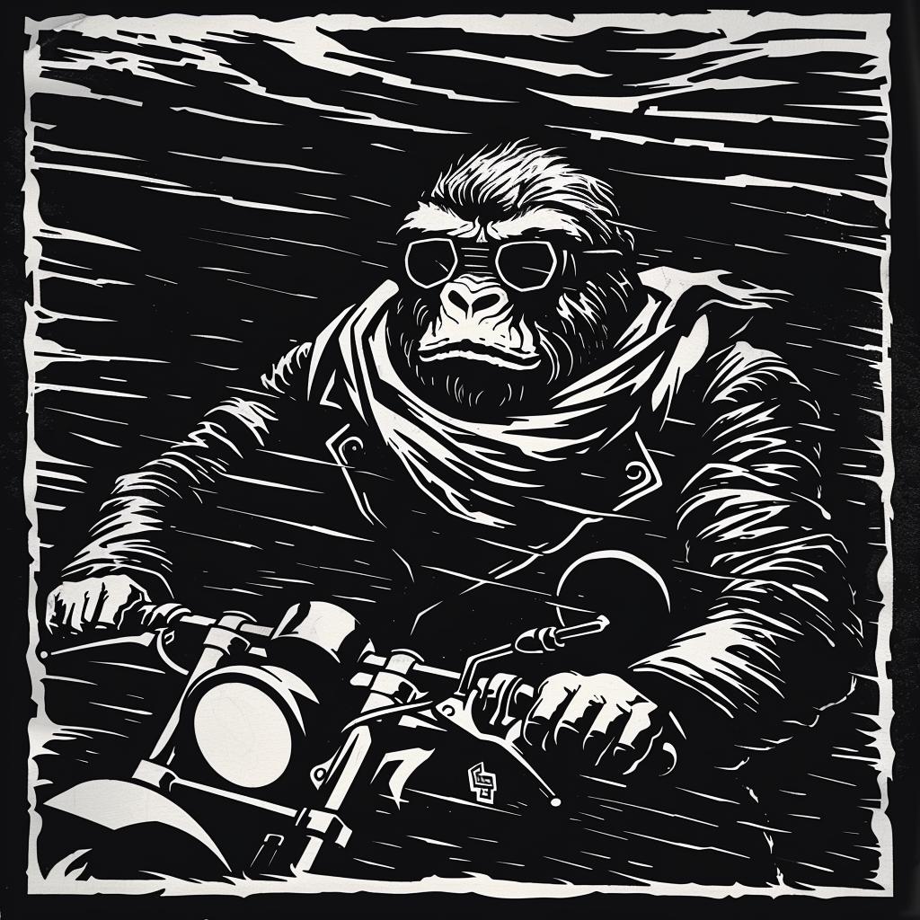 gorilla  motorcycle  black  background  anthropomorphic  scarf  goggles  riding  stylized  poster 1025915