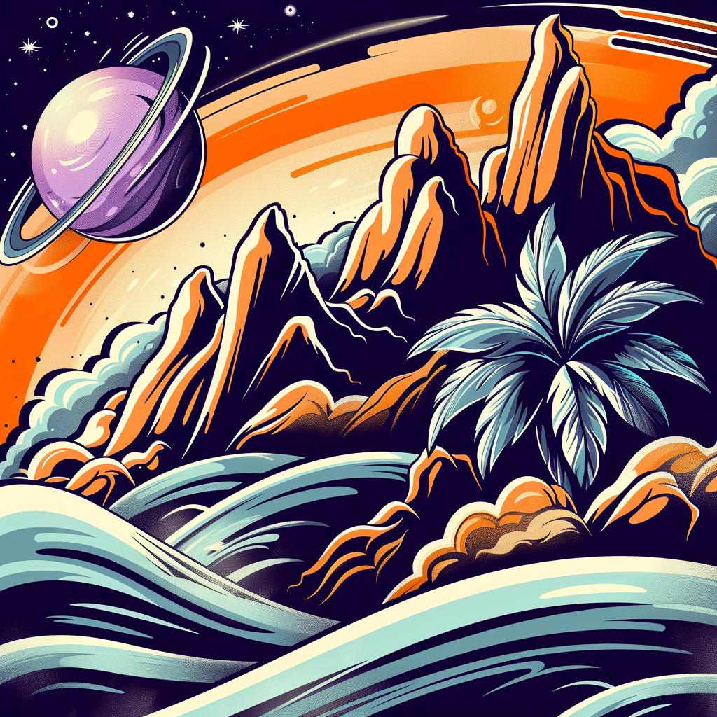 illustration  tropical  landscape  mountains  palm  trees  teal  orange  sunrise  galaxy 941949