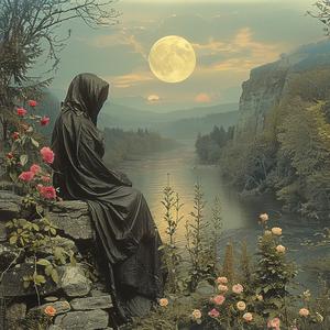 woman  black  robe  river  sitting  rock  chromolithography  artwork  contemplative  scene 1055027
