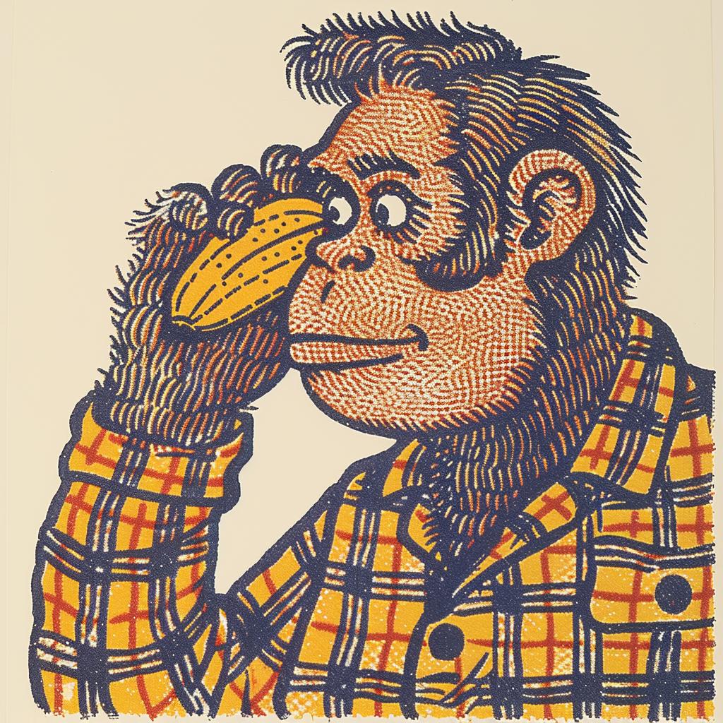 monkey  banana  phone  plaid  shirt  humor  cartoon  quirky  artwork  whimsical 962765
