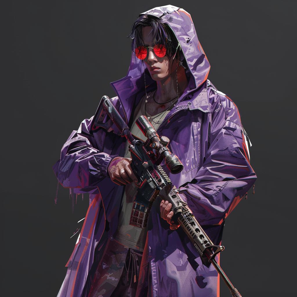 man  rifle  purple  hooded  jacket  sunglasses  standing  full  body  character 954175
