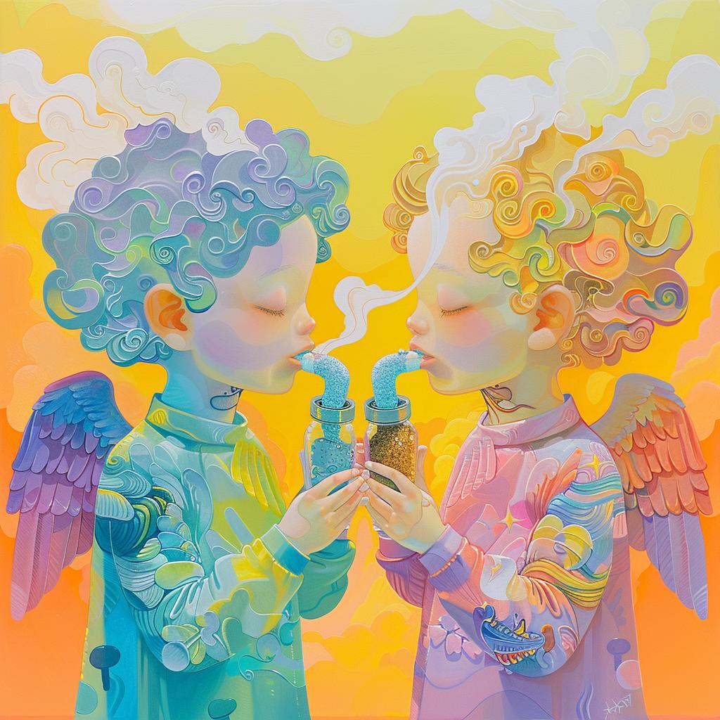 abstract  gouache  angels  tattoos  neon  joyful  optimistic  colorful  smoking  bong 1029278