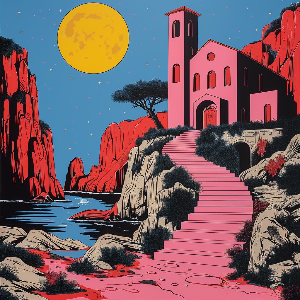 pink  church  stairs  synthwave  album  occult  painting  surreal  mysterious  symbol 1025049