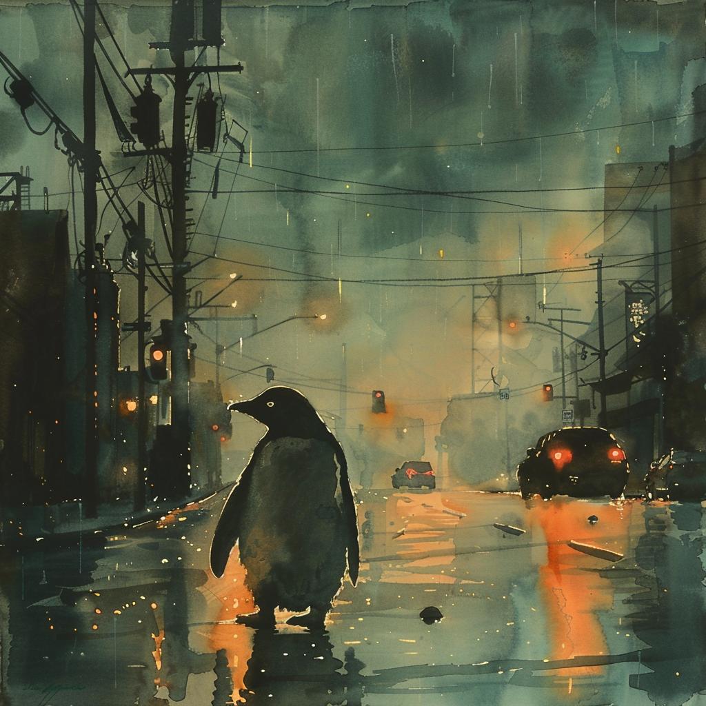 watercolor  penguin  fog  rain  San Francisco  evening  moody  puddles  Miyazaki  street 920061