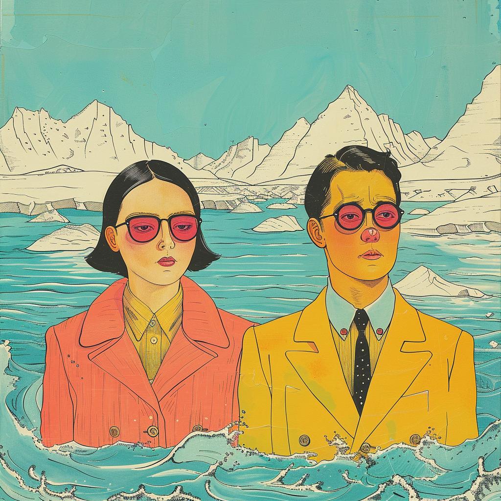 two  people  ocean  suits  sunglasses  surreal  beach  album  cover  Joan 1018005
