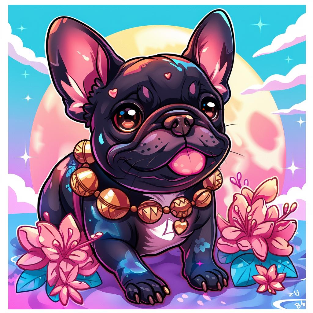 illustration  tattoo  french  bulldog  flowers  cartoon  necklace  gold  colorful  flash 927513