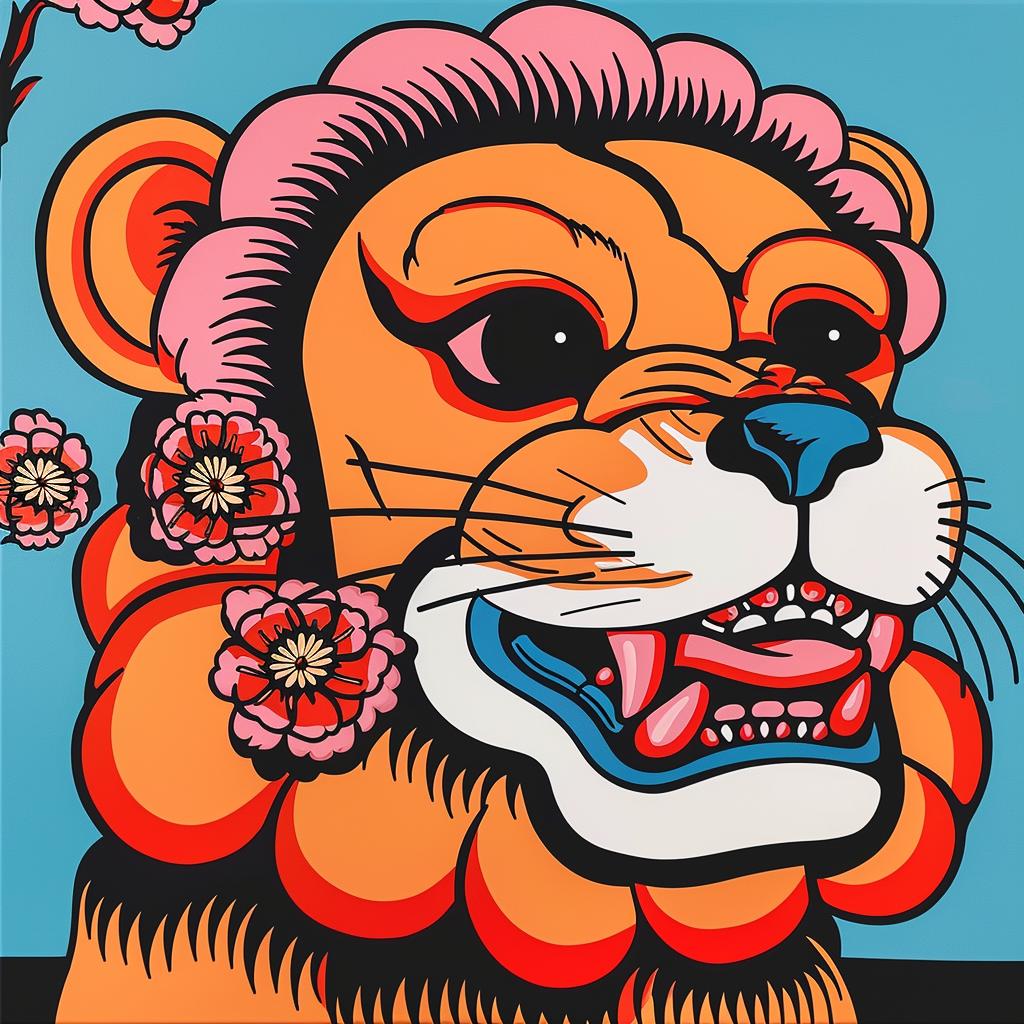lion  flowers  painting  japanese  art  colorful  symbolism  wildlife  nature  vivid 973653