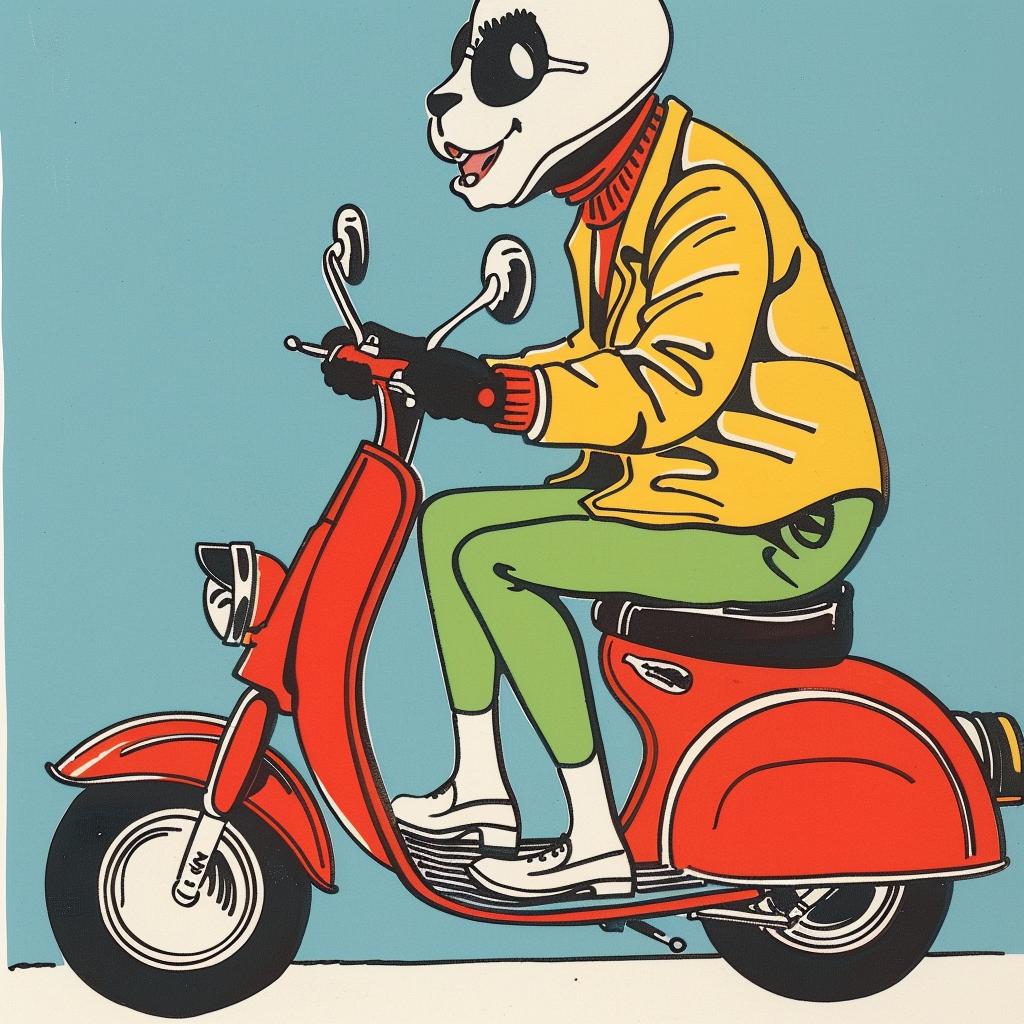 panda  scooter  cartoon  funny  animal  transport  whimsical  playful  colorful  adventure 938723