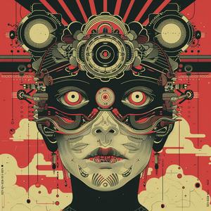 album  cover  hyper-detailed  illustration  Dada  silkscreen  futuristic  mask  robot  woman 1079486