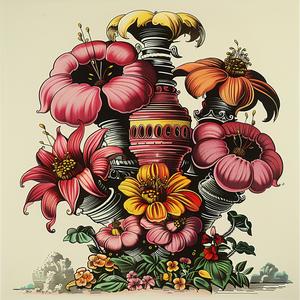 flowers  vase  chromolithography  colorful  nature  stilllife  artistic  decorative  vibrant  traditional 1051412