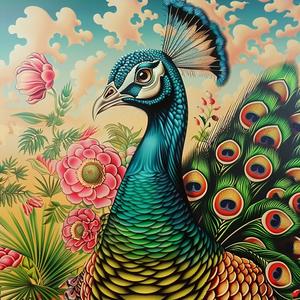 peacock  flowers  chromolithography  vibrant  colorful  nature  detailed  award-winning  feathers  artwork 1037375