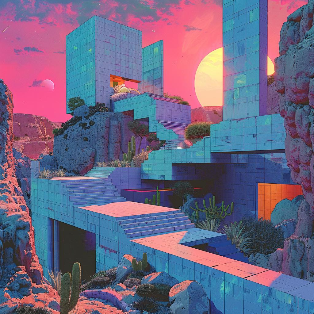 album  cover  1980s  futuristic  building  desert  art  synthwave  trippy  colorful 960625