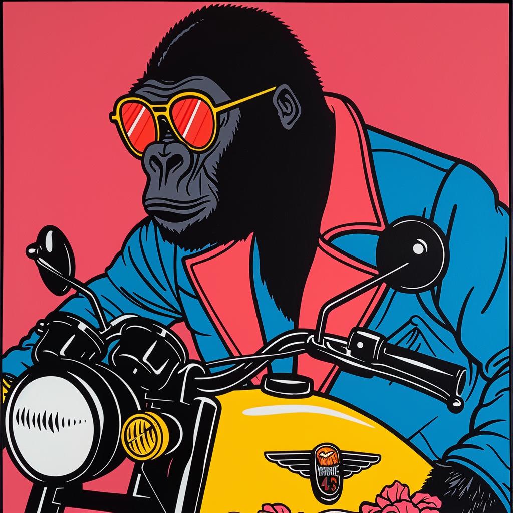 gorilla  motorcycle  poster  sunglasses  jacket  urban  humorous  illustration  animal  transportation 1024350