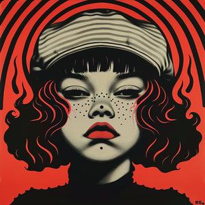 surreal  album  cover  girl  hat  red  background  Risograph  Symbolist  hyper-realistic 1077615