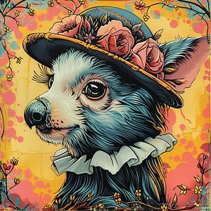 dog  hat  flowers  painting  colorful  chromolithography  whimsical  animal  artwork  portrait 1052727