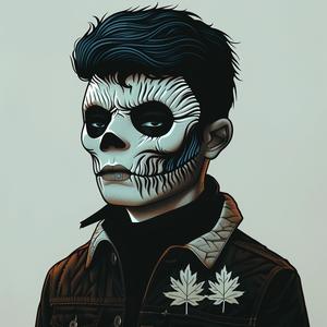surreal  album  cover  male  model  Risograph  symbolist  hyper-realistic  screenprinting  skull 1077514