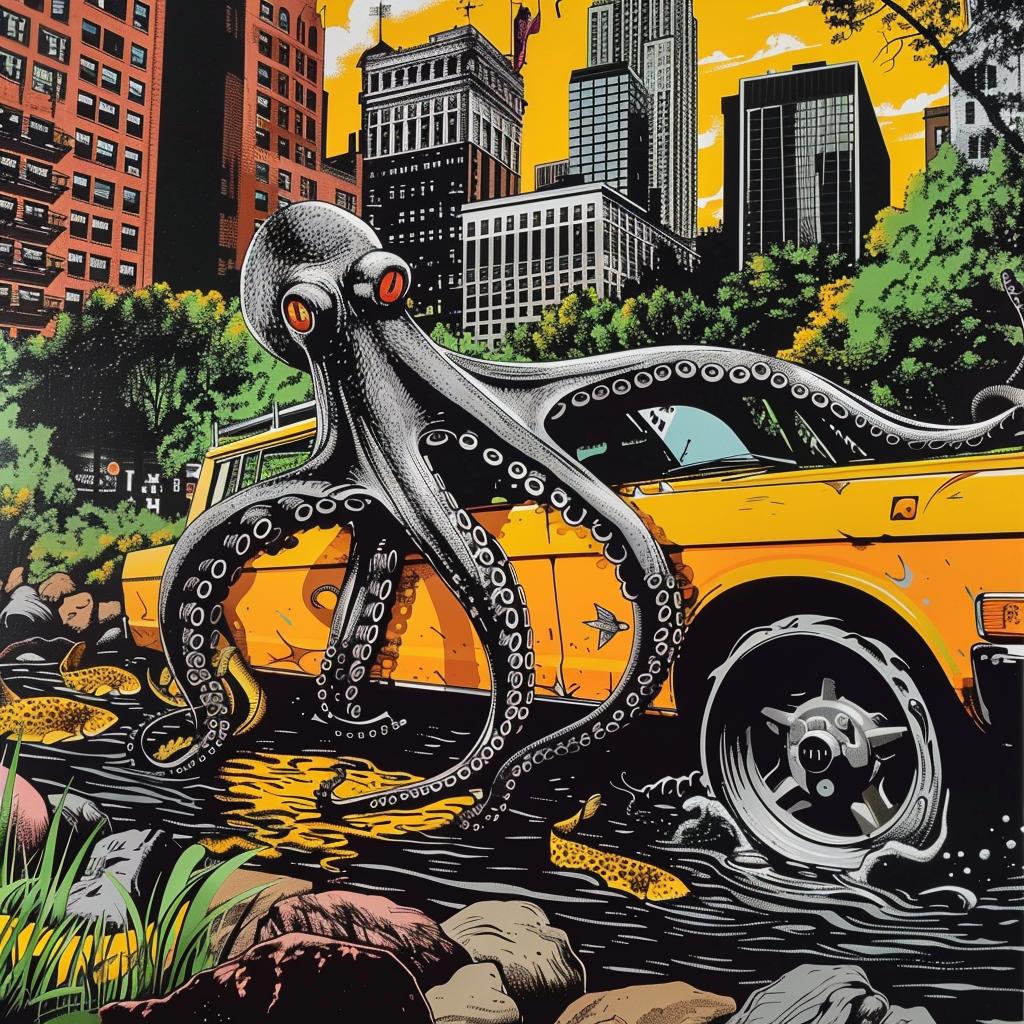 octopus  taxi  attack  yellow  car  ocean  creature  whimsical  situation  comical 1027484