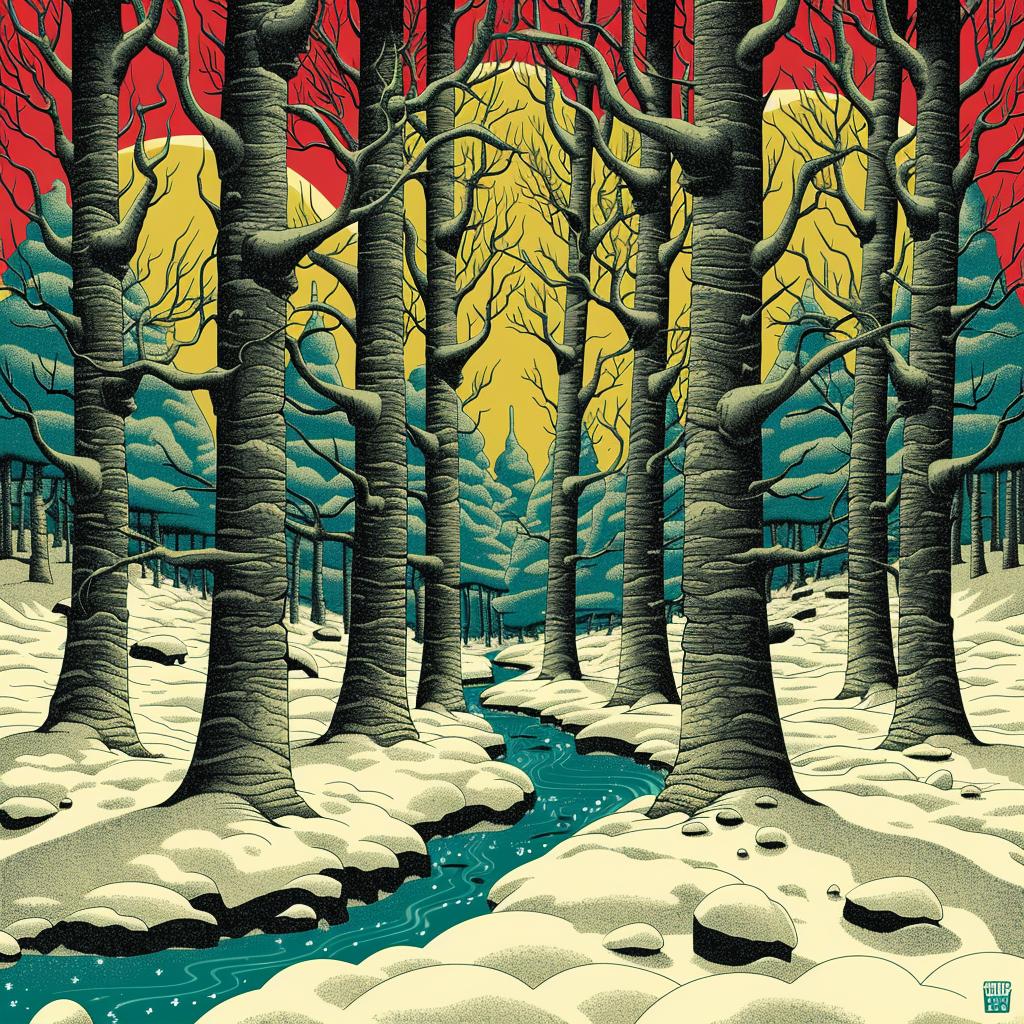 winter  forest  animated  vibrant  folk  illustration  sinuous  colorful  trees  scenery 945140