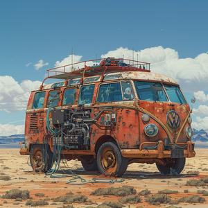 VW  bus  desert  time  machine  rusted  electronics  Moebius  Stalenhag  painting 1060442