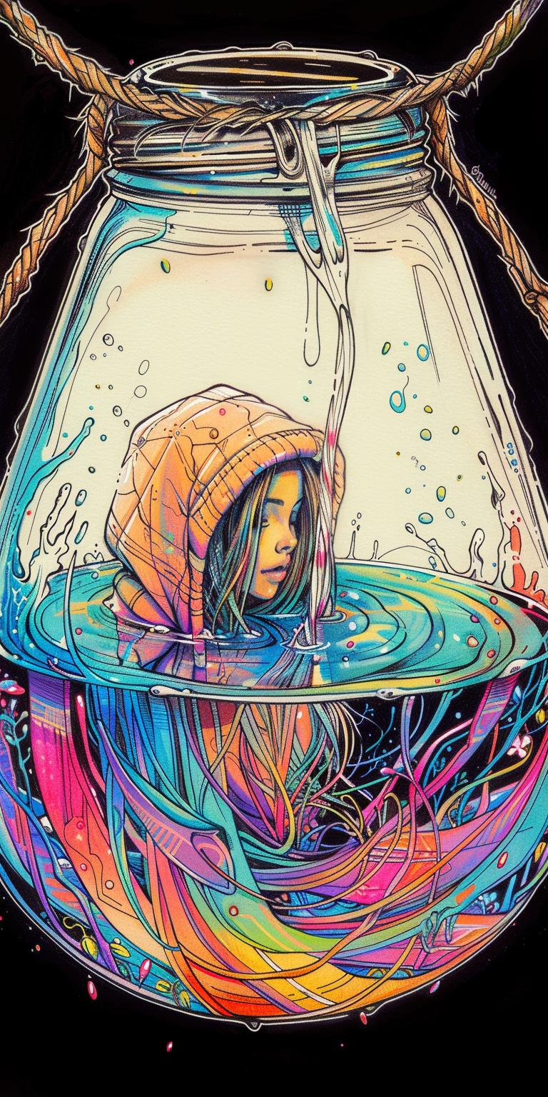 فتاة ترتدي هوديًا على شكل مصباح سائل عائم، ترسم رسومات سريالية وعاطفية ومفاهيمية حديثة 940623