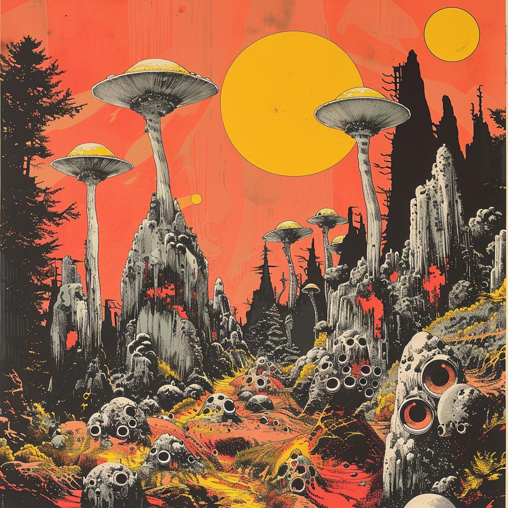 surreal  poster  mushrooms  objects  hyper-realistic  screenprinting  creative  vintage  art  design 960595