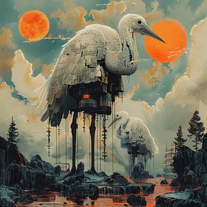 crane  house  painting  chromolithography  art  surreal  imaginative  animal  architecture  nature 1040485