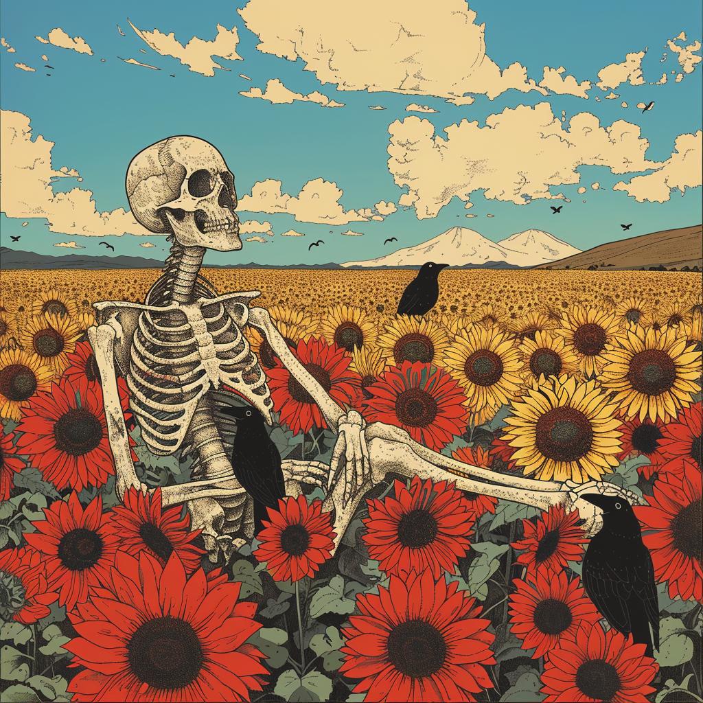 skeleton  sunflowers  field  crows  surreal  hyper-realistic  screenprinting  Toshio  Saeki  art 960903
