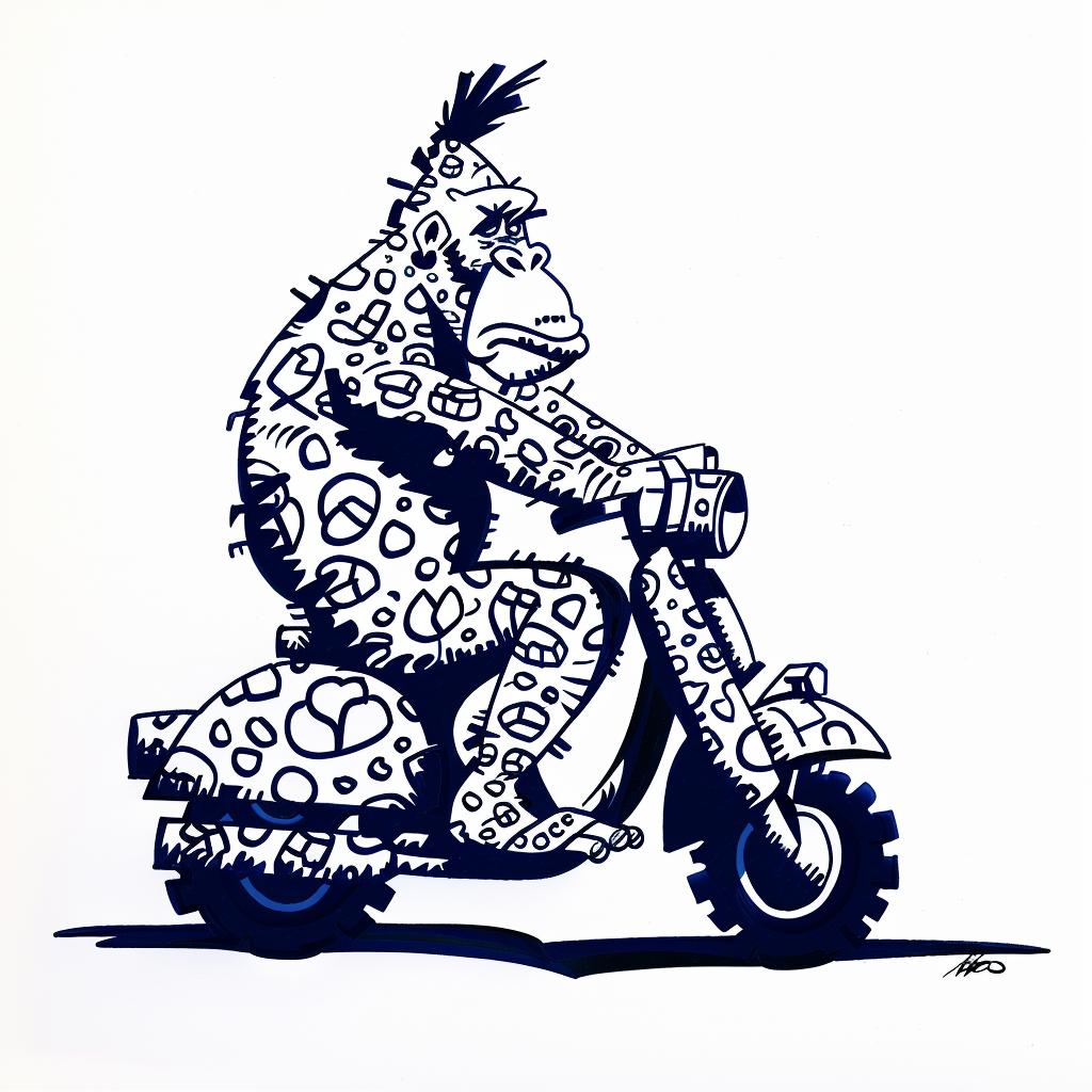 monkey  moped  drawing  motorcycle  cartoon  animal  funny  humorous  illustration  whimsical 1028253