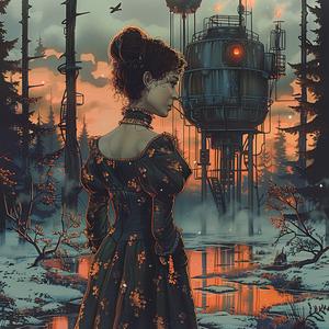 woman  dress  tower  standing  painting  chromolithography  elegance  portrait  cityscape  fashion 1060143