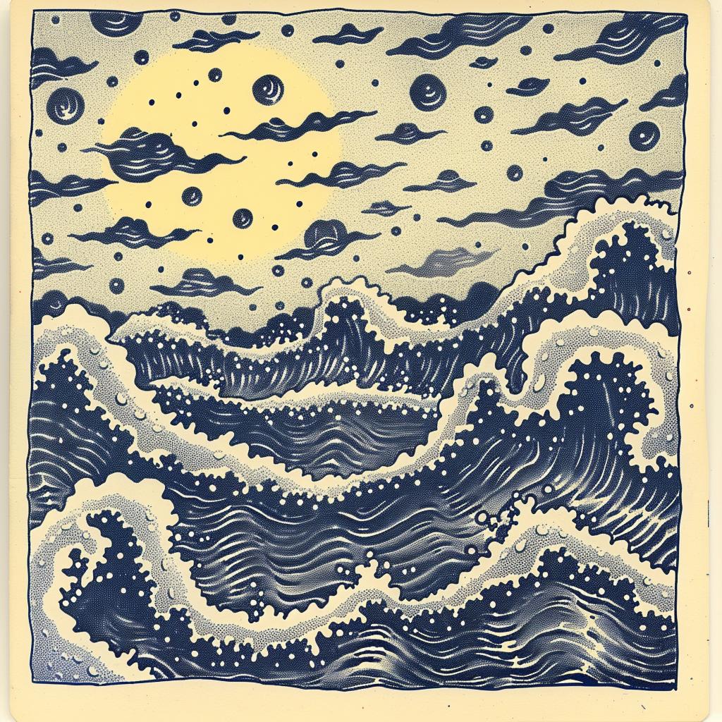 album  cover  navy  blue  cream  illustration  ocean  waves  clouds  stylized 917591