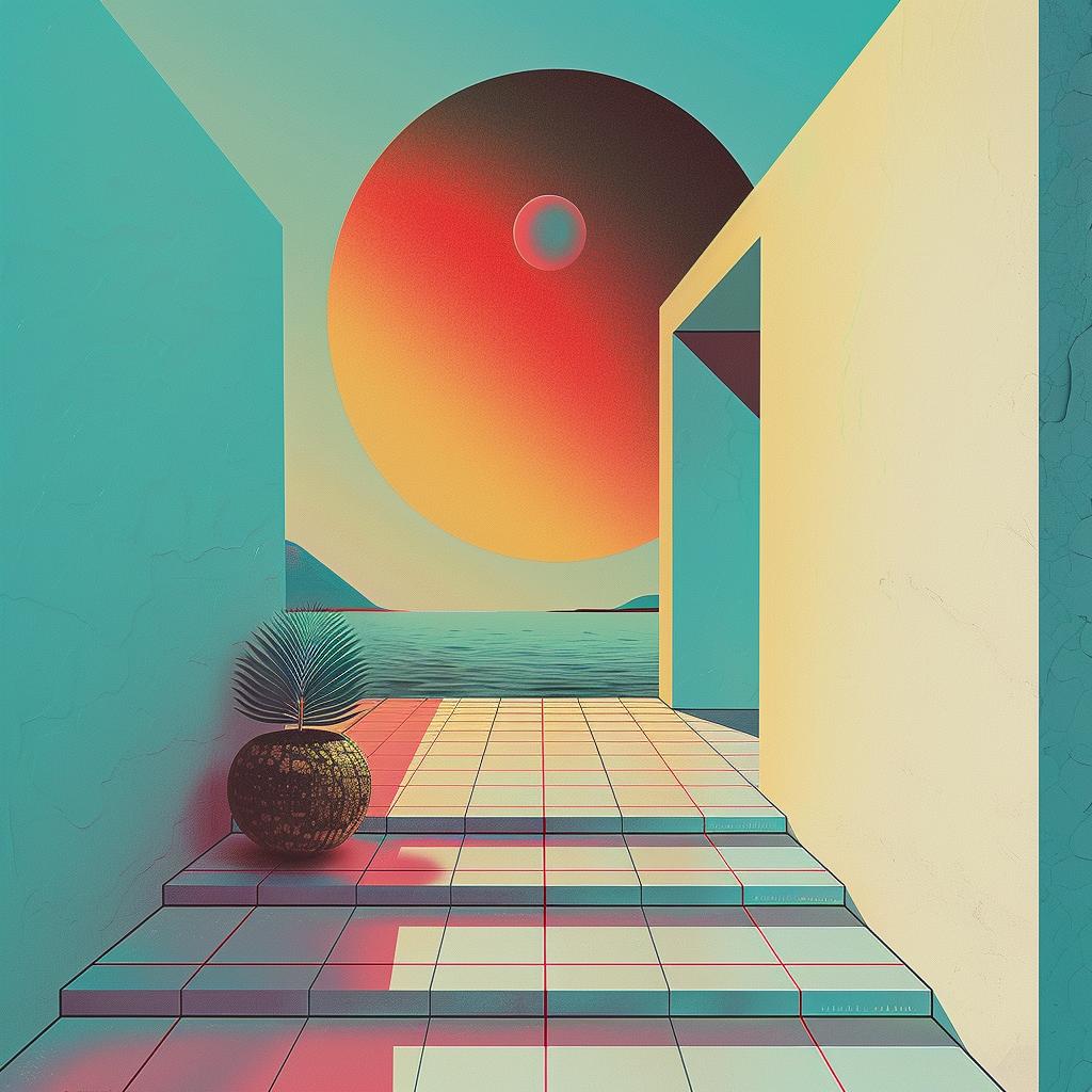 album  cover  1980s  Tycho  trippy  geometric  synthwave  sun  room  red 960702
