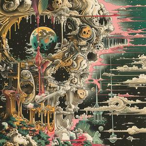 surreal  album  cover  disintegration  skull  clouds  symbolist  hyper-realistic  screenprinting  art 1078400
