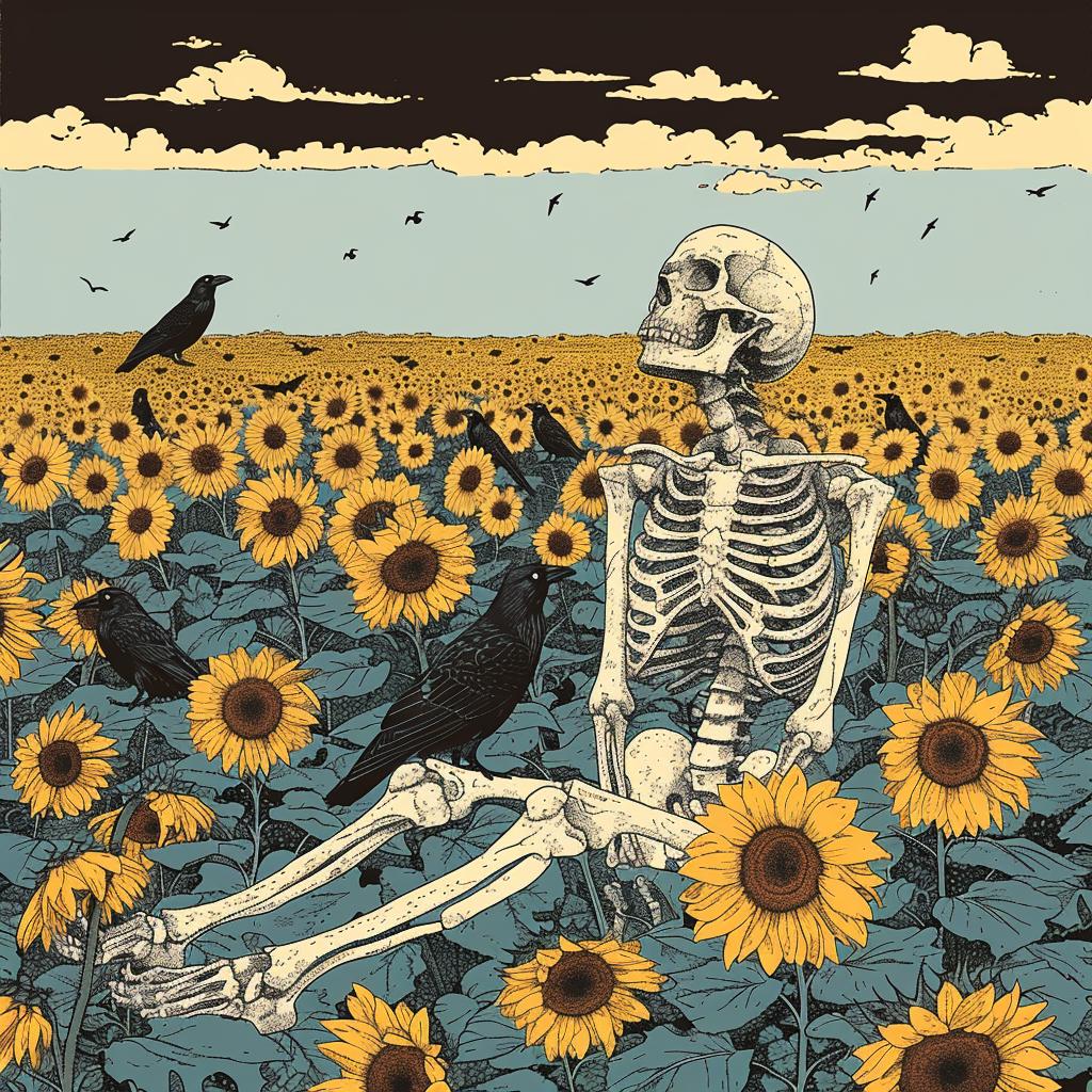 skeleton  sunflowers  crows  field  hyper-realistic  artwork  Toshio  Saeki  surreal  design 960902