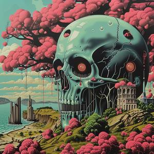 chromolithography  skull  pink  flowers  decoration  symbolic  whimsical  artistic  colorful  imaginative 1039712