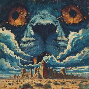 lion  three-eyed  ominous  occult  album  Art Nouveau  Surrealism  pointillism  gold  indigo 1077058