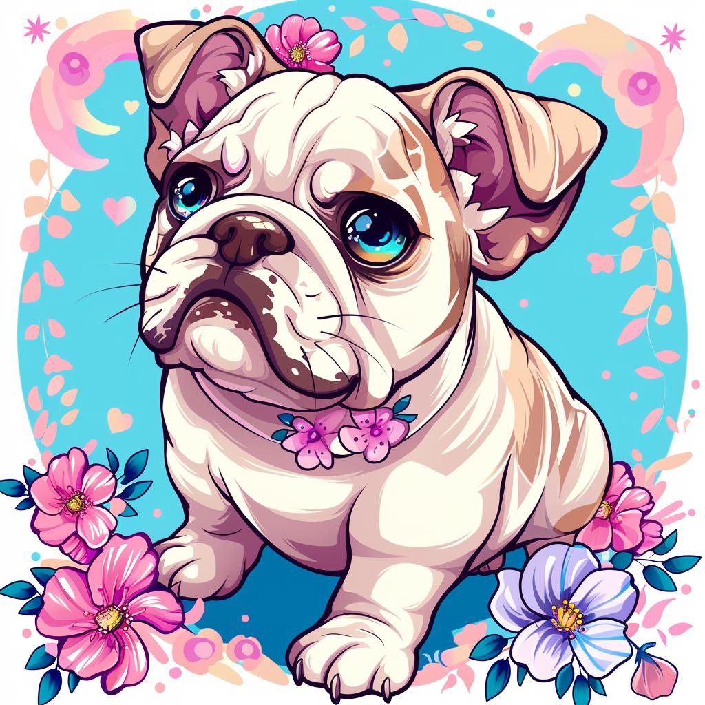 illustration  tattoo  bulldog  flowers  blue  background  cute  dog  artwork  flash 927509