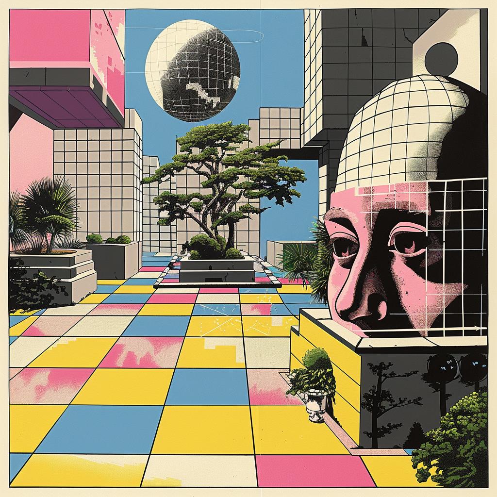 surreal  album  cover  hyper-realistic  screenprinting  poster  man  face  building  front 960493