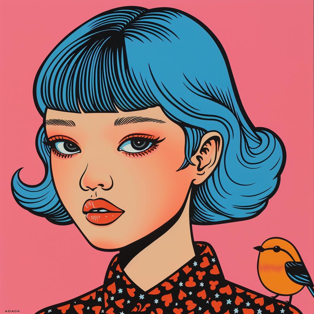 فن البوب ​​فتاة شعر أزرق طائر رسم توضيحي منمق ملون مرح 1024425