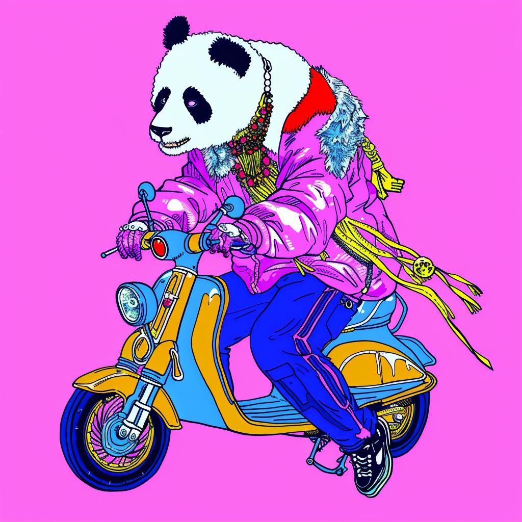 panda  scooter  pink  background  playful  floral  whimsical  animal  cute  illustration 1021879