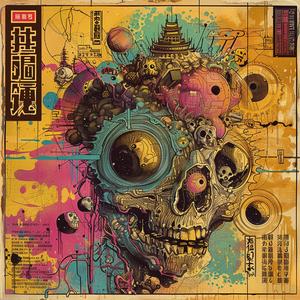 surreal  album  cover  symbolist  hyper-realistic  screenprinting  skull  colorful  objects  art 1078444