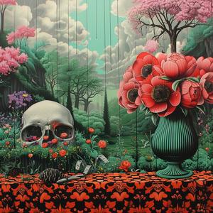 skull  flowers  vase  chromolithography  macabre  still-life  dark  artistic  elegance  nature 1037810